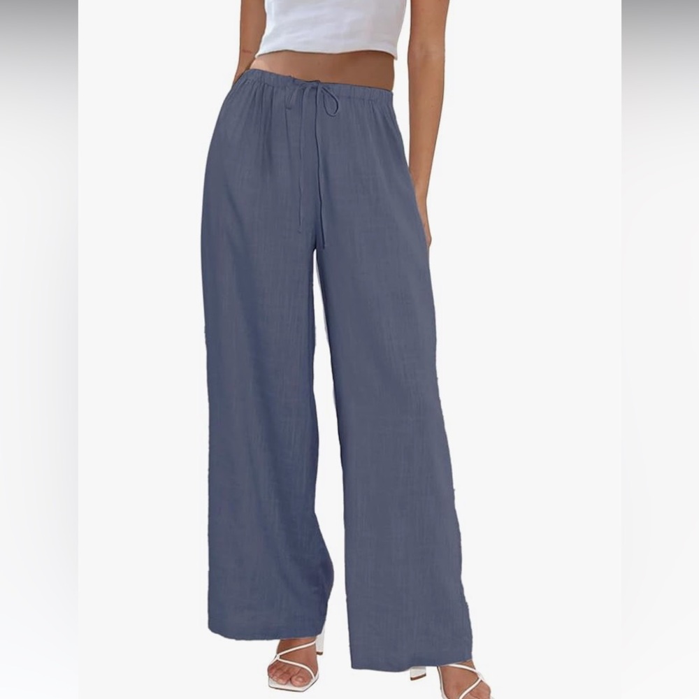 NWOT Cotton Linen Blue Wide Leg Drawstring Pants